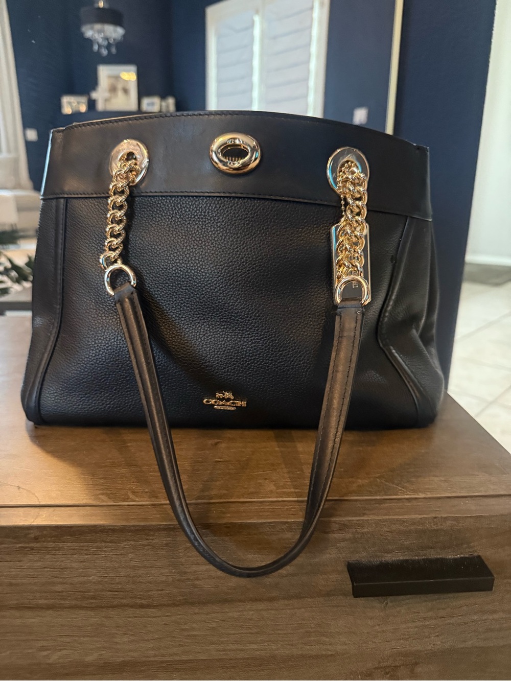 Coach Black Leather Shoulder Tote with Gold Chain Straps